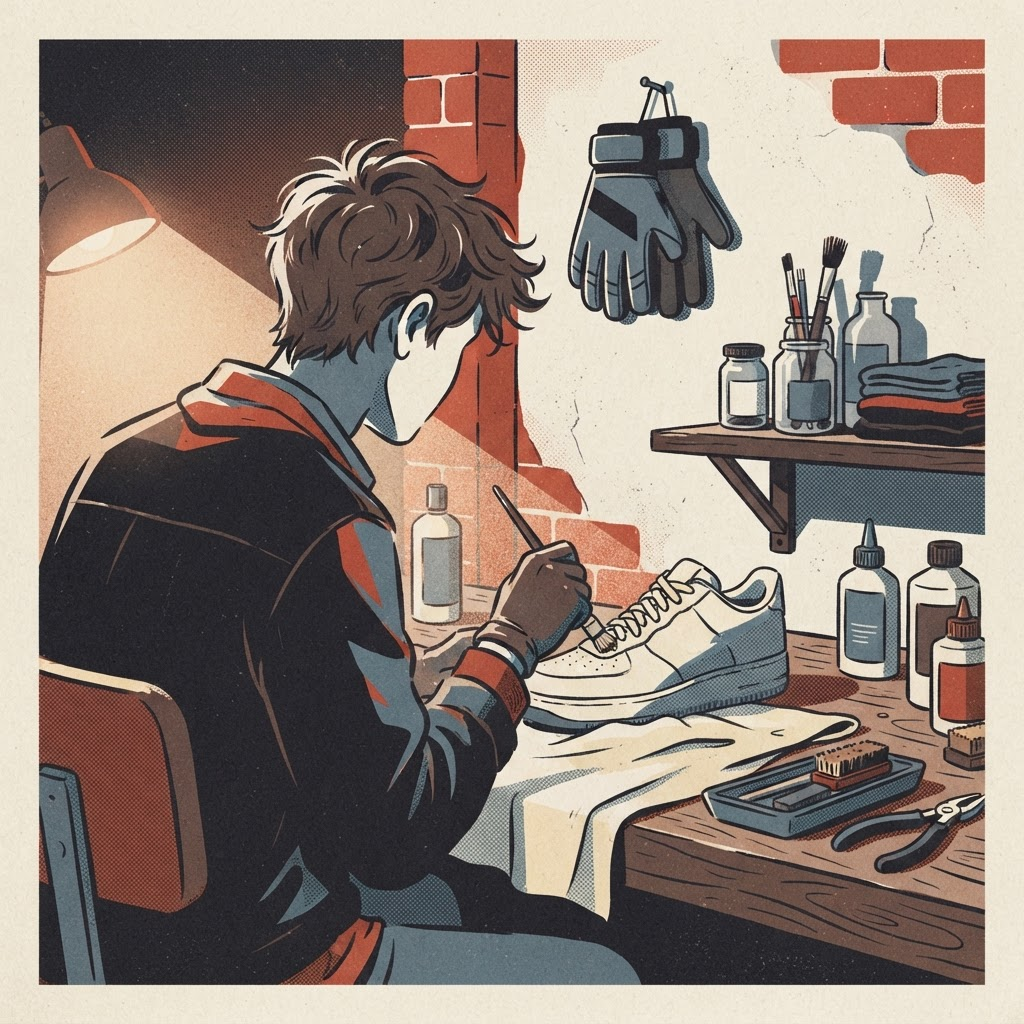 Illustrated portrait of Sami at the restoration bench, keeper gloves hanging behind him