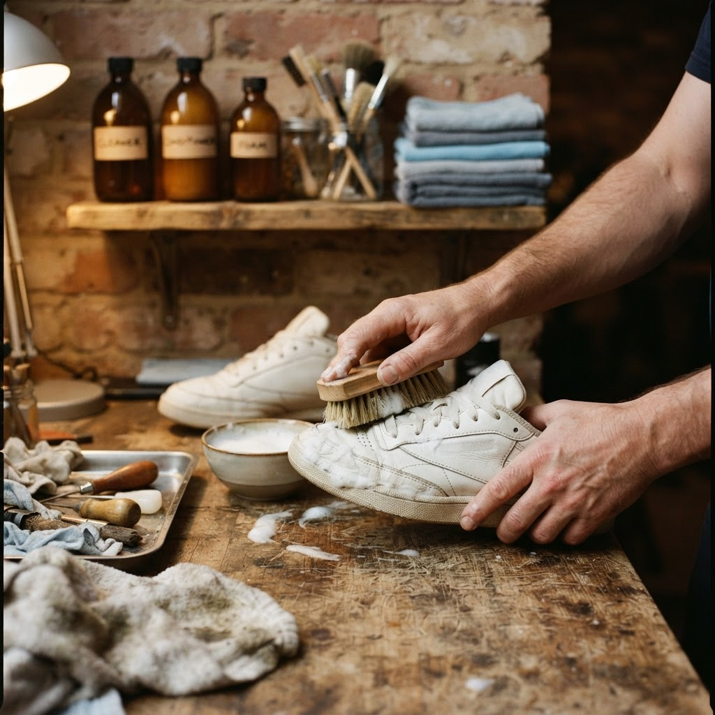 Hands at the restoration bench, cleaning a trainer while a phone on a tripod records the process