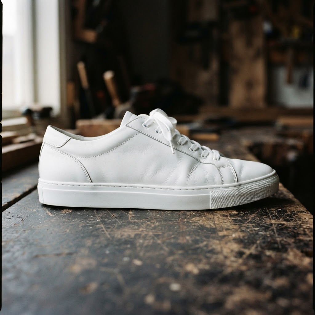 The same white leather trainer after a deep clean, with bright leather, a clean cupsole and fresh laces, at an identical angle