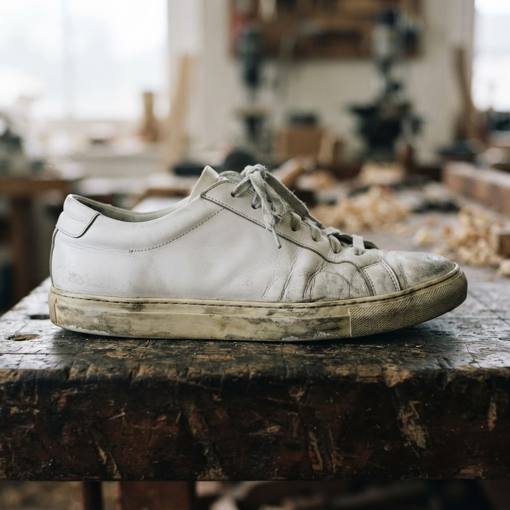 The worn white leather trainer before treatment, with a grey toe, yellowed cupsole and dingy laces