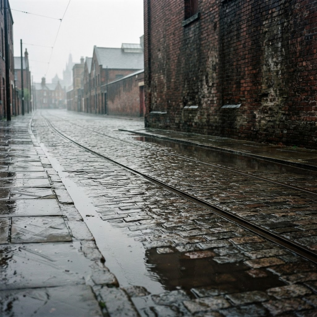 A rain-soaked northern English street with wet cobbles, tram lines and a weathered red brick wall