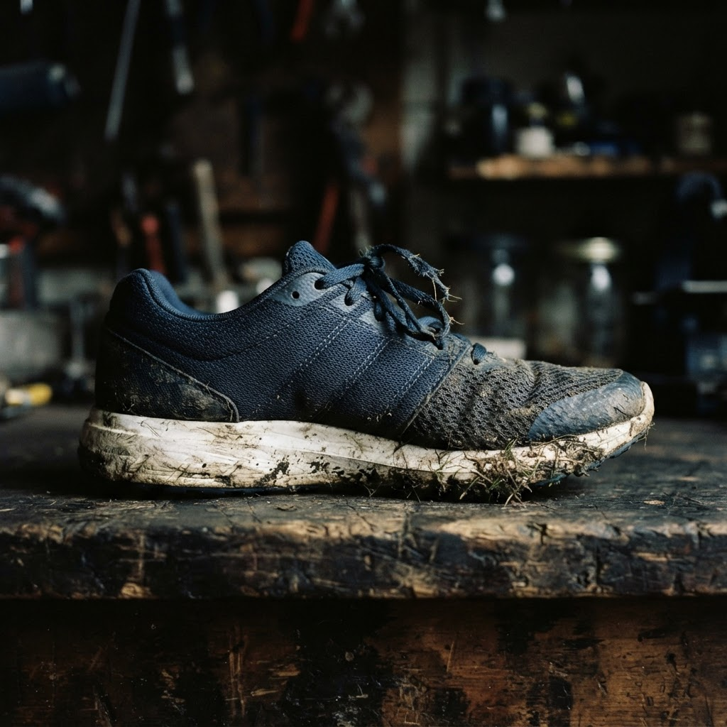 Navy mesh running trainers before restoration