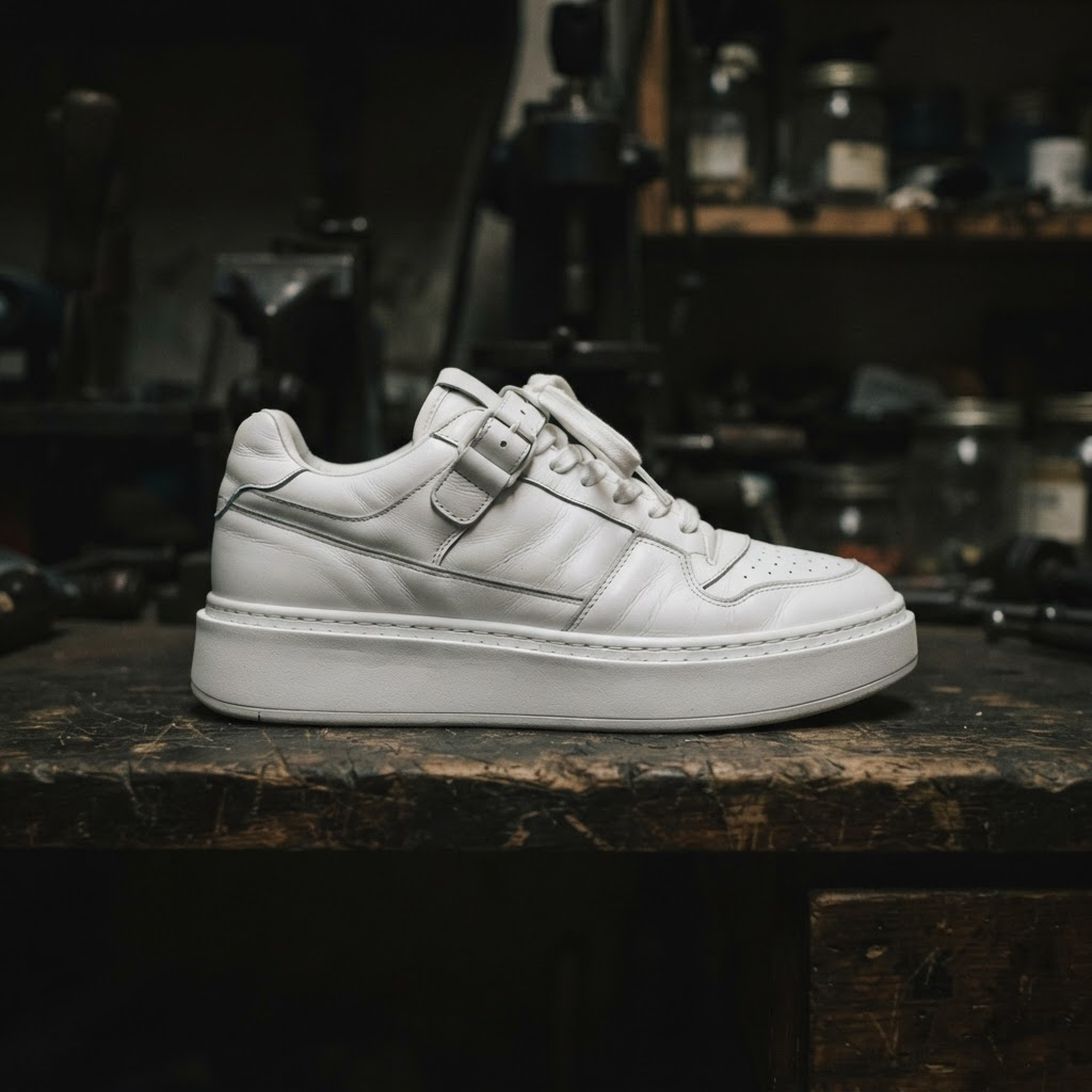 The same chunky white leather low-top after restoration, with bright clean leather, a crisp white midsole and fresh laces, at the same angle on the same bench