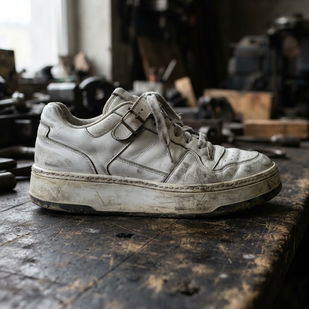 A worn chunky white leather low-top trainer with a grey scuffed toe box, heavily yellowed midsole, deep forefoot creasing and dingy laces, on a dark workshop bench