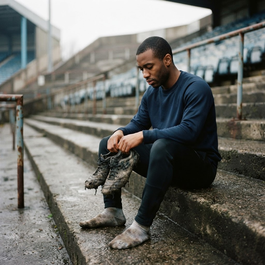 A young man sitting on stadium steps holding a worn pair of trainers in his lap